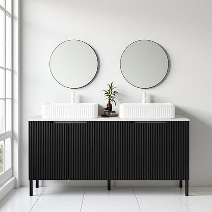 Ambrovina 60" Bathroom Vanity with Double Sink, Freestanding Bathroom Storage Cabinet with 4 Soft-Closing Doors, 2 White Round Ceramic Basins and Carrara White Sintered Stone Countertop, White