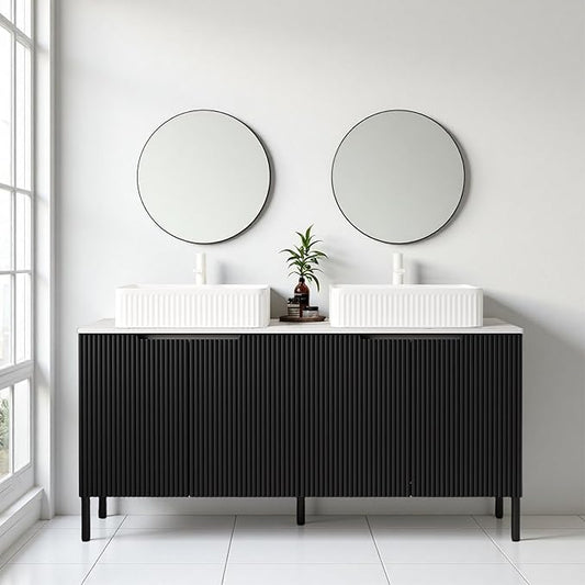 Ambrovina 60" Bathroom Vanity with Double Sink, Freestanding Bathroom Storage Cabinet with 4 Soft-Closing Doors, 2 White Round Ceramic Basins and Carrara White Sintered Stone Countertop, White