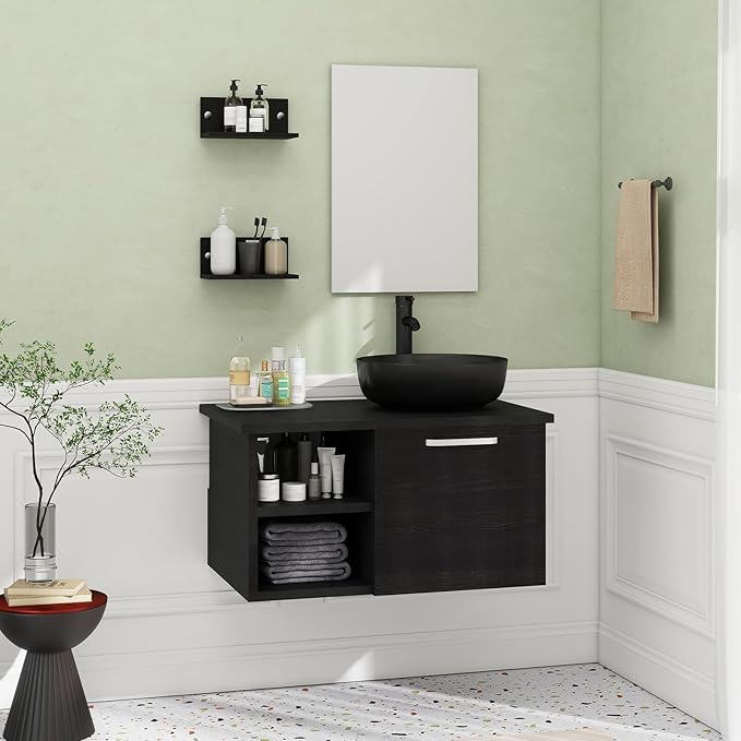 YOURLITE 28" Wall Mounted Bathroom Vanity Modern Lavatory Wood Cabinet with Mirror Black Round Countertop Sink Combo Vanities Set