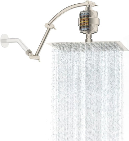 Hibbent 12'' Filtered Rain Shower Head, 16'' Extension Arm, Brushed Nickel | High Pressure Rainfall Showerhead, Brass Adjustable Shower Head Extension Arm, 20 Stage Shower Filter, Fixed Showerheads