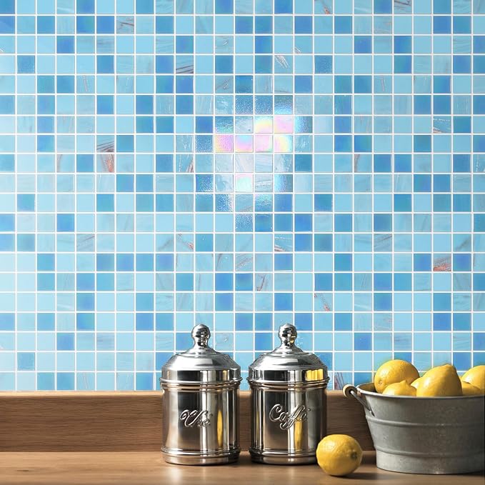 11.5 sq.ft Iridescent Blue Glass Mosaic Tile for Bathroom, Pool, Backsplash | Waterproof Wall & Floor Tile. Heat & frost resistant outdoors. Mesh-mounted easy install. Use any grout. Easy clean. 10pcs.