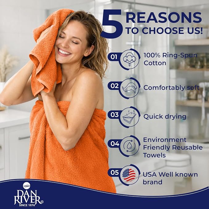 DAN RIVER 8 Piece Luxury Bath Towels for Bathroom, Towel Set, Orange | 2 Bath towels, 2 Hand towels, and 4 Wash Cloths, 600 GSM 100% Ring Spun Cotton, Highly Absorbent, Gym, Hotel, guest, and Spa