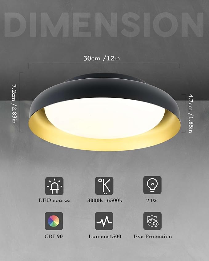 Ken & Ricky Flush Mount Ceiling Light Fixture, Led Dimmable 24w for Bedroom Kitchen Bathroom Laundry Hallway Entryway,Remote Control (Black and Gold,12Inch,2PK)