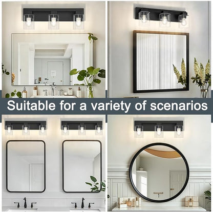 21.6 Inch Bathroom Light Fixtures, with Clear Glass Shade | 3-Light Matte Black Bathroom Lighting Fixtures Over Mirror, Modern Wall Light, bathroom vanity light E26 Socket, ETL