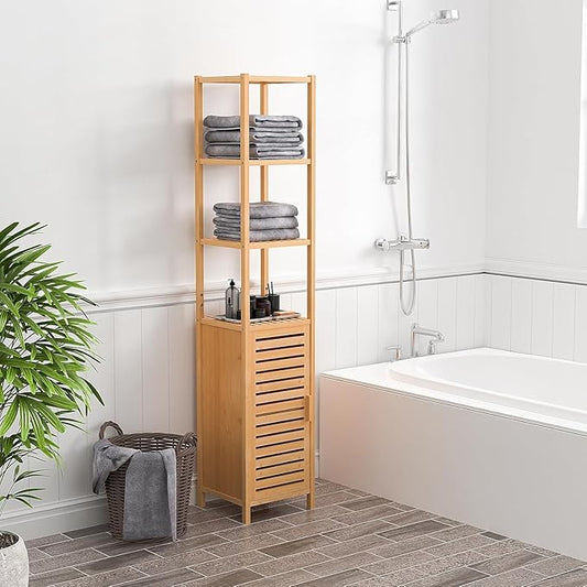 67" Tall Bathroom Cabinet，Linen Tower Cabinet with Single Door and 3 Tier Shelves，Bamboo Freestanding Cabinets Storage Organizer for Living Room, Bedroom, Kitchen