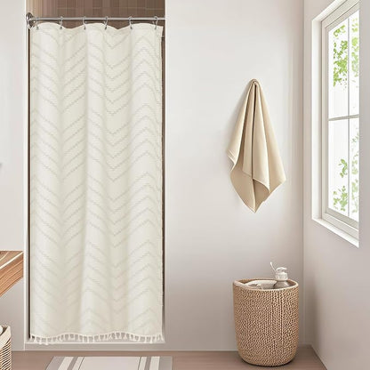 Small Boho Stall Shower Curtain, Beige Fabric Cloth Stall Shower Curtain 36 x 72 Half Size with Tassel Tufted Chevron Striped Textured Modern Farmhouse for Bathroom, Machine Washable