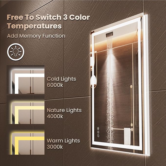 Snowdool 36 x 36 in LED Bathroom Mirror, Front and Backlit, Anti-Fog | Front and Backlit, 3 Color Temperatures, Anti-Fog, Tempered Glass