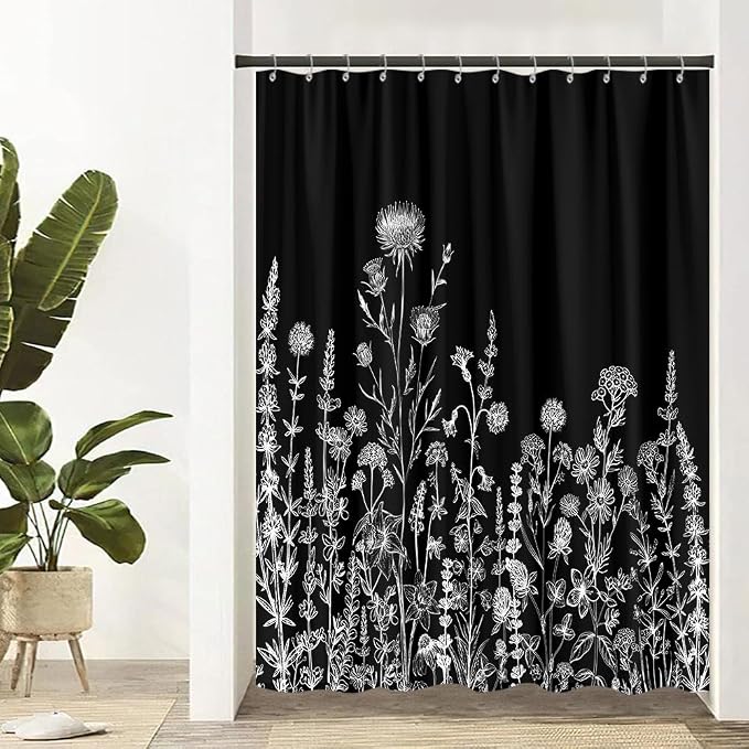Vintage Black and White Boho Shower Curtain, Black and White Dark Floral Aesthetic Dark Wildflower Botanical Flowers Shower Curtain for Bathroom with Hook,Farmhouse Plant Art Chic Shower Curtain 60X72