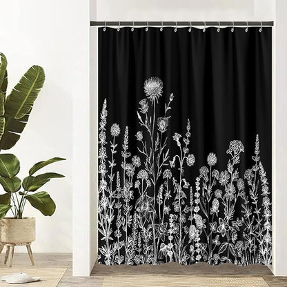 Vintage Black and White Boho Shower Curtain, Black and White Dark Floral Aesthetic Dark Wildflower Botanical Flowers Shower Curtain for Bathroom with Hook,Farmhouse Plant Art Chic Shower Curtain 60X72