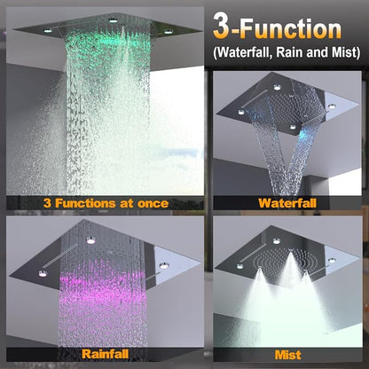 Enga Luxury Dual Shower Head System LED Thermostatic Shower System with 6 inch Wall Shower, 20-Inch 3 Function Shower Head (Rainfall & Mist & Waterfall), Chrome
