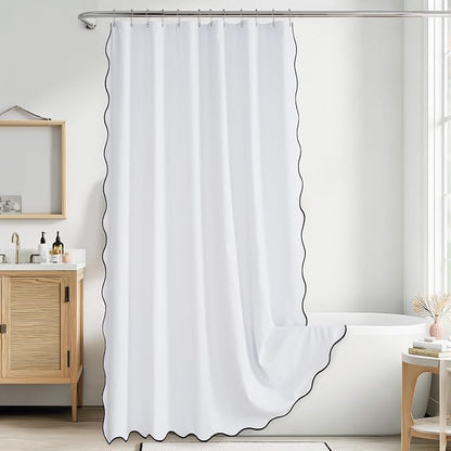 KGORGE White Scalloped Bathroom Shower Curtain Linen Textured, Boho Farmhouse Home Decor Privacy Waterproof for Bathtub Machine Washable, Pure White, 72 x 72 inches Long, 12 Hooks Included