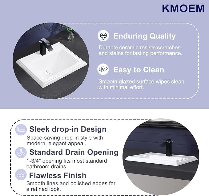 Semi Recessed Bathroom Sink 23"x18" Drop In Vessel Sink with Faucet Hole White Porcelain Ceramic Modern Rectangular Sinks Basin Vanity Sinks with Overflow for Bathrooms