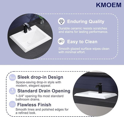 Semi Recessed Bathroom Sink 23"x18" Drop In Vessel Sink with Faucet Hole White Porcelain Ceramic Modern Rectangular Sinks Basin Vanity Sinks with Overflow for Bathrooms