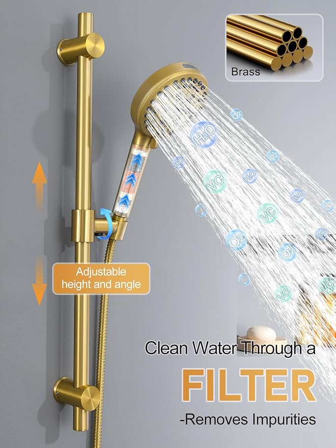 Woindo Shower Faucet Set with Slide Bar, 12" Rain Shower Head/8'' Side Shower Head and 10 Setting Handheld Ceiling Mount 3 Push Button Diverter Complete Rainfall Shower System Included Valve Trim Kit