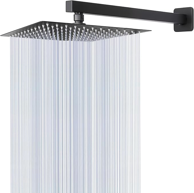 Shower Head with Extension Arm, High Pressure Square with ShowerArm, Stainless Steel Rainfall-Waterfall Full Body Coverage (10'' Shower with 16'' Arm, Matte Black)