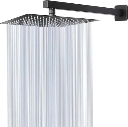 Shower Head with Extension Arm, High Pressure Square with ShowerArm, Stainless Steel Rainfall-Waterfall Full Body Coverage (10'' Shower with 16'' Arm, Matte Black)