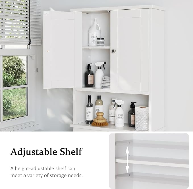 Over the Toilet Storage Cabinet, Bathroom Storage Organizer Over Toilet, Space Saver W/Adjustable Shelf & Open Shelf, White