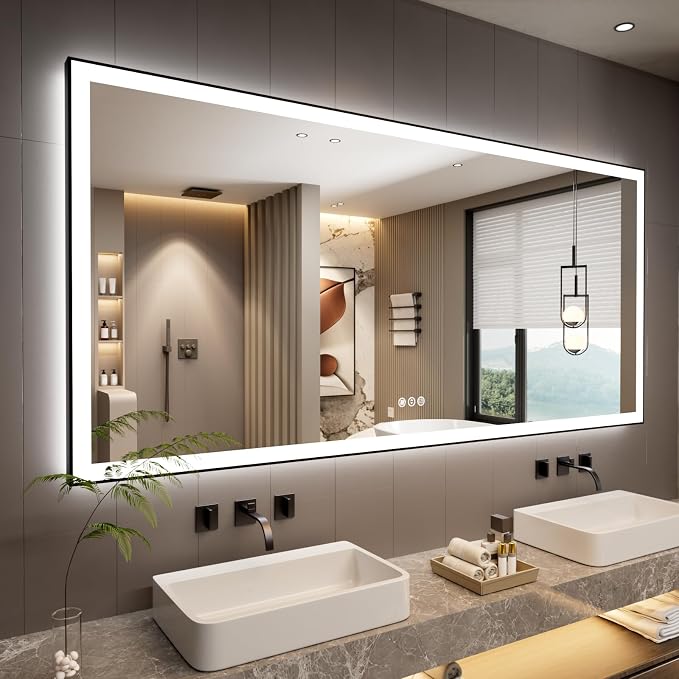 84x40 Inch LED Bathroom Mirror with Black Frame | Black Metal Frame, Front and Backlit, 3 Colors, Dimmable, Memory, Anti Fog, Tempered Glass, Lighted Mirror for Wall
