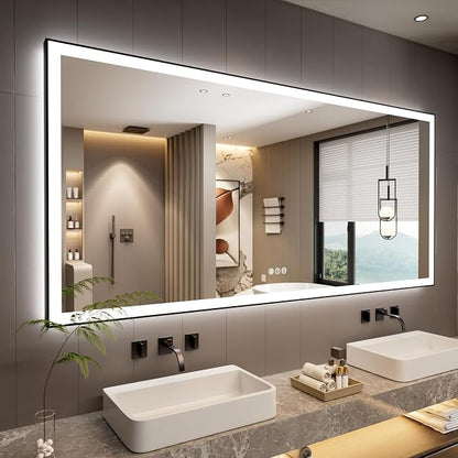 84x40 Inch LED Bathroom Mirror with Black Frame | Black Metal Frame, Front and Backlit, 3 Colors, Dimmable, Memory, Anti Fog, Tempered Glass, Lighted Mirror for Wall