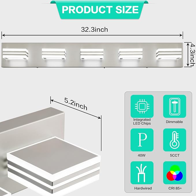 SOLFART LED Bathroom Lighting Fixtures - 5 Lights Modern Brushed Nickel Acrylic Vanity Lights for Mirror 32inch 24W 5CCT