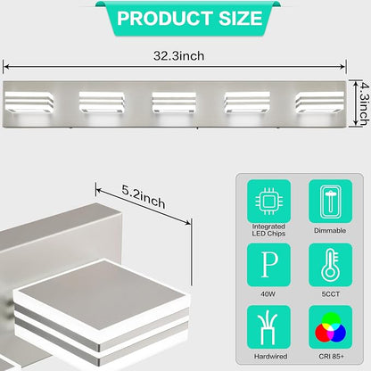 SOLFART LED Bathroom Lighting Fixtures - 5 Lights Modern Brushed Nickel Acrylic Vanity Lights for Mirror 32inch 24W 5CCT