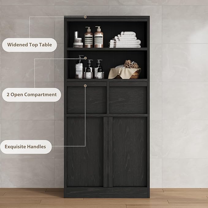 GAOMON 51" Tall Bathroom Storage Cabinet, Floor Cabinet with Doors & 2 Drawers, Organizer Cabinet Freestanding for Bathroom, Living Room, Kitchen & Pantry, Black