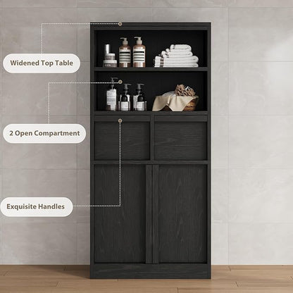 GAOMON 51" Tall Bathroom Storage Cabinet, Floor Cabinet with Doors & 2 Drawers, Organizer Cabinet Freestanding for Bathroom, Living Room, Kitchen & Pantry, Black