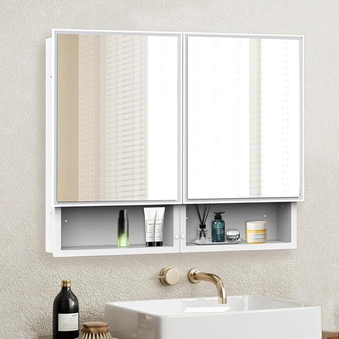 32x26 Inch Medicine Cabinet with Mirror, Bathroom Mirror Cabinet with Double Doors, Extra Storage Space, Bevel Mirror Wall Cabinet, Recessed or Surface Mount