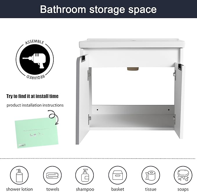 Malwee 24 Inch Floating Bathroom Vanity with Sink, 24'' Single Sink Wall Mounted Bathroom Vanity, with 2 Doors and White Ceramic Basin Top, Wall Hung Storage Cabinet Set (077-24)
