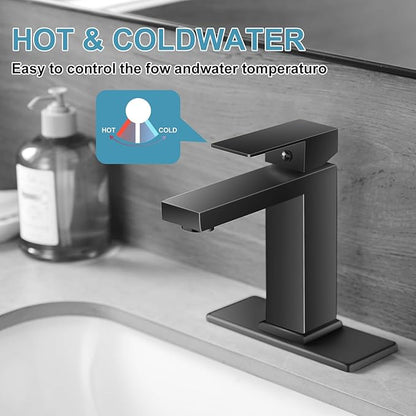 Bathroom Faucet 1 Hole Black Single Hole Bathroom Faucet Single Handle Faucet for Bathroom Sink Vanity RV (with Pop-up Drain and Deck) Suitable for 1 Hole or 3 Hole