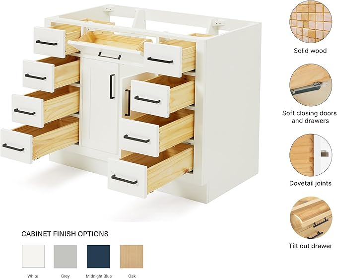 ARIEL Hepburn 42-inch Bathroom Vanity Base Cabinet,Solid Wood, 2 Soft Closing Doors, 9 Dovetail Drawers, White
