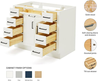 ARIEL Hepburn 42-inch Bathroom Vanity Base Cabinet,Solid Wood, 2 Soft Closing Doors, 9 Dovetail Drawers, White
