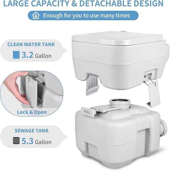 YITAHOME Portable Toilet, Camping Toilet, Travel RV Toilet, 5.3 Gallon Detachable Waste Tank Portable Toilet for Camping, Hiking, Hunting, Boating, Gray