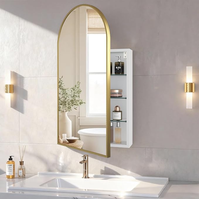 FKWin Medicine Cabinet with Mirror, Surface Mount Arched Design, 16x30 Inch | Medicine Cabinet Mirror, Reversible Door, Space-Saving Storage, Elegant Arched Design, Gold