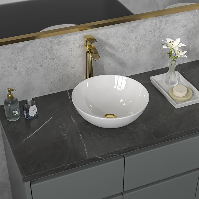 Sarlai Vessel Sink Round - 13"x13" Modern Small Bathroom Sink Round Bowl Above Counter White Porcelain Ceramic Bathroom Vessel Vanity Sink Art Basin