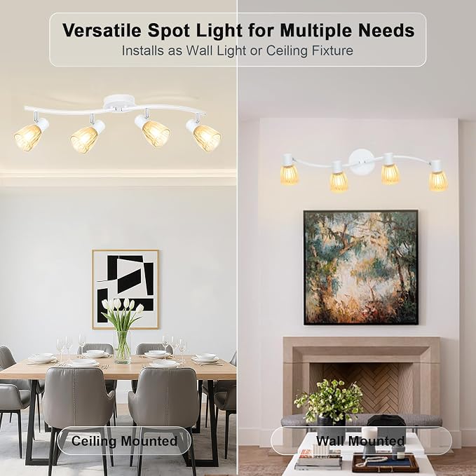 HiBay 4-Light Track Lighting White, Adjustable Modern Ceiling Light Fixture | with Glass Shades, Flush Mount Ceiling Wall Spotlight Indoor for Bathroom, Kitchen, Living Room, E12 Base, No Bulbs