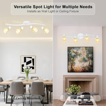 HiBay 4-Light Track Lighting White, Adjustable Modern Ceiling Light Fixture | with Glass Shades, Flush Mount Ceiling Wall Spotlight Indoor for Bathroom, Kitchen, Living Room, E12 Base, No Bulbs