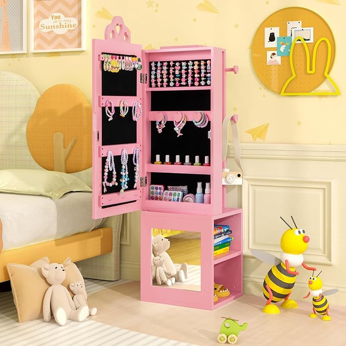 HONEY JOY Kids Jewelry Armoire Cabinet, Wooden Standing Jewelry Organizer w/Full-length Mirror and Garment Rack, 2 Tier Storage Shelves, Children Dress Up Jewelry Cabinet for Little Girls (Pink)