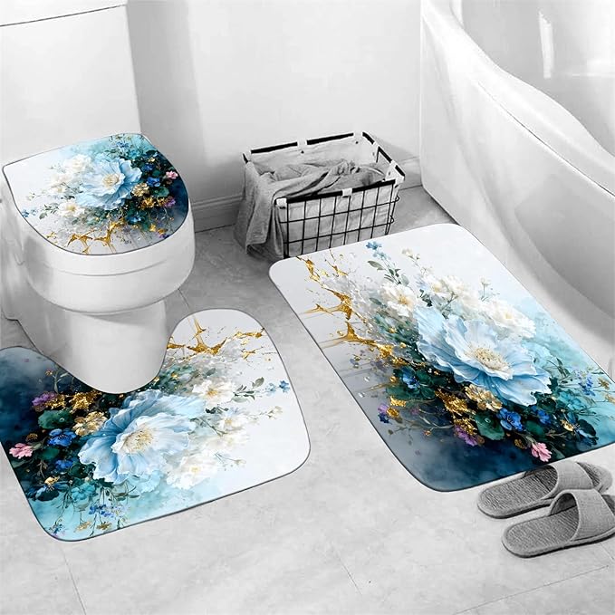 AZHM Watercolor Floral Shower Curtain Set 4PCS Blue and White Delicate Floral Farmhouse Bathroom Accessories Set, Includes Rugs and 12 Hooks