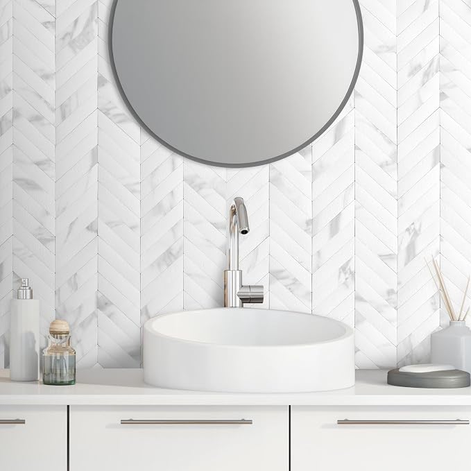 DICOFUN 10-Sheet White Marble Peel and Stick Backsplash, Faxu Stone PVC Stick on Backsplash Wall Tiles for Kitchen and Bathroom