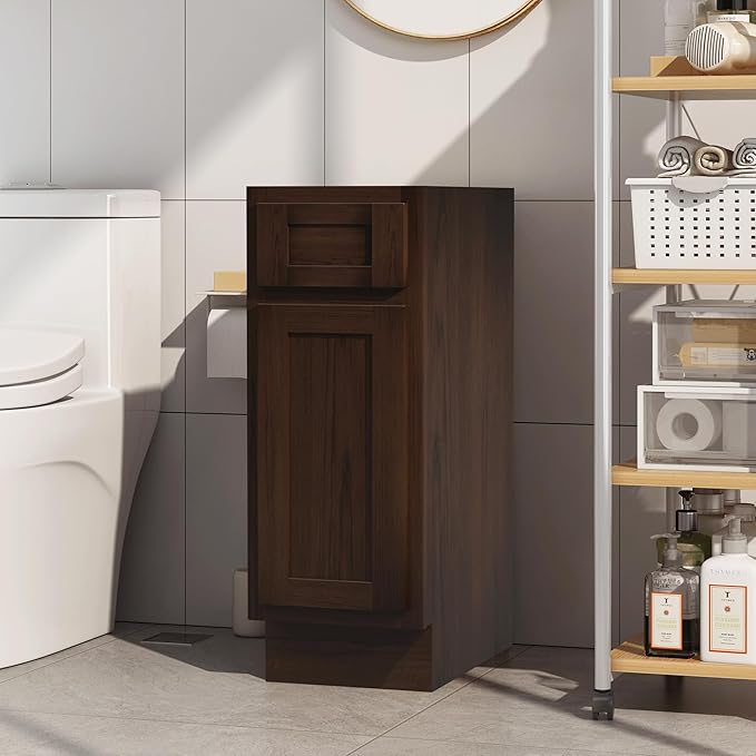 HomeBeyond 12 Inch Bathroom Vanity Base Only, Single Vanity Cabinet with Dove-Tailed Drawer, Composable Floor Mount Cabinets without Top, Brown