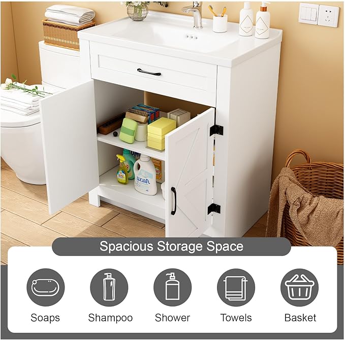 Bathroom Vanity, 32" Bathroom Vanity with Ceramic Sink, Farmhouse Bathroom Vanity Cabinet for Small Space, Freestanding Storage Cabinet with Shelf, 2 Doors, Easy Assembly