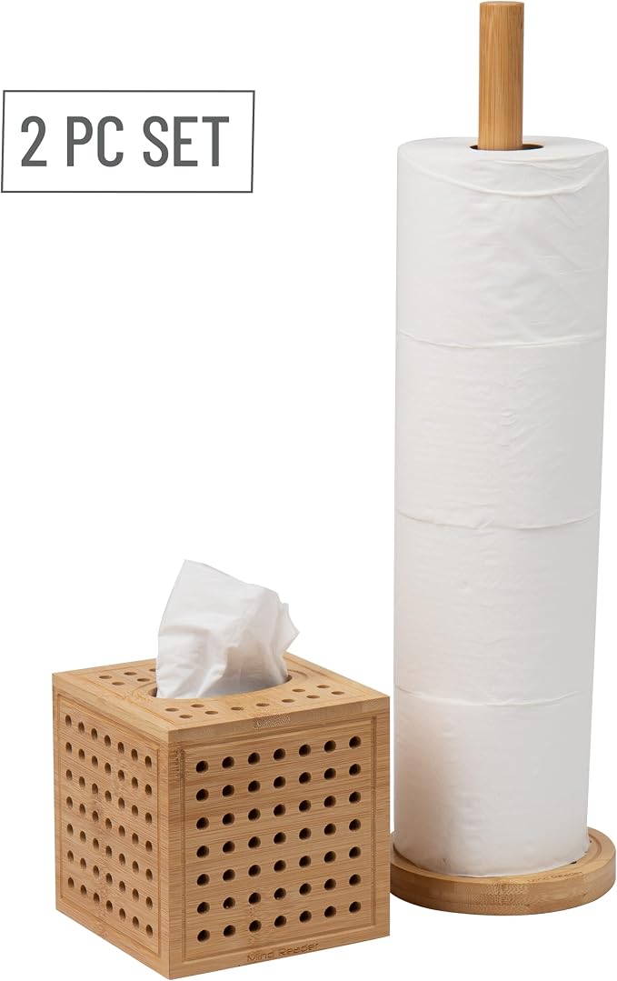 Mind Reader Tissue Box Cover and Toilet Paper Holder, Decor, Rayon from Bamboo, 5.5" L x 5.5" W x 5.5" H, 2 Piece Set, Brown