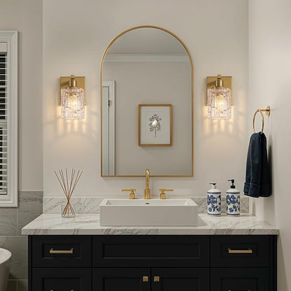 1 Light Brushed Gold Bathroom Vanity Light Over Mirror, Modern Vanity Lighting with Crystal Glass Shade, Wall Mount Bathroom Light Fixtures, E26 Base
