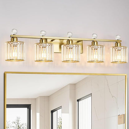 Bathroom Vanity Light Fixtures 5-lights, Gold Crystal Vanity Lights for Bath, Bathroom Lights Fixture with Clear Crystal Glass Shade, Modern Wall Light over Mirror, Wall Sconces Light for Hallway