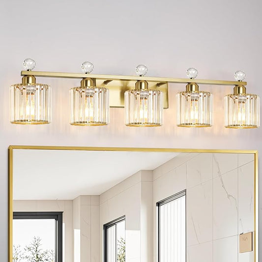 Bathroom Vanity Light Fixtures 5-lights, Gold Crystal Vanity Lights for Bath, Bathroom Lights Fixture with Clear Crystal Glass Shade, Modern Wall Light over Mirror, Wall Sconces Light for Hallway