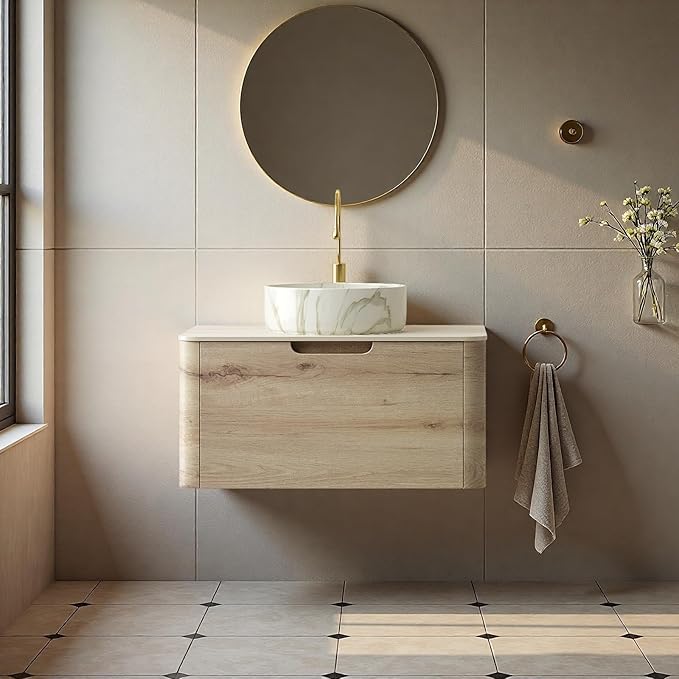 Bathroom Vanity with Sink, 30" Wall-Mounted Bathroom Storage Cabinet with Round Ceramic Basin & Soft-Close Undermount Drawer, Modern Pre-assembled Floating Vanity with Curved Design, White Oak