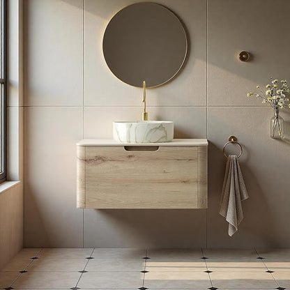 Bathroom Vanity with Sink, 30" Wall-Mounted Bathroom Storage Cabinet with Round Ceramic Basin & Soft-Close Undermount Drawer, Modern Pre-assembled Floating Vanity with Curved Design, White Oak