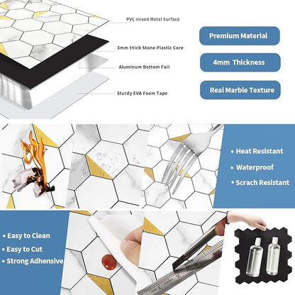 10-Sheet Heavy-Duty Hexagon Peel and Stick Backsplash, Thick Waterproof &Heat Resistant Stick on Wall Tiles, Marble White Mosaic for Kitchen & Bathroom, Strong Adhesive Permanent PVC Tiles