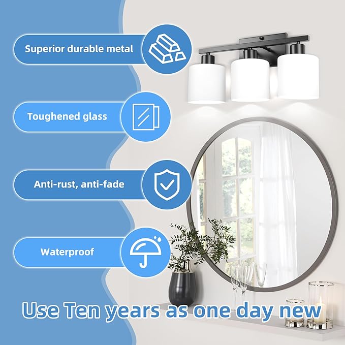 SILAMPDI Black Bathroom Light Fixture Over Mirror, Rustproof 3-Light Vanity Lights Fixtures, Modern Wall Sconces Lighting for Bedroom, Hallway, Milky White Glass Shades, E26 Base, Bulbs Not Included